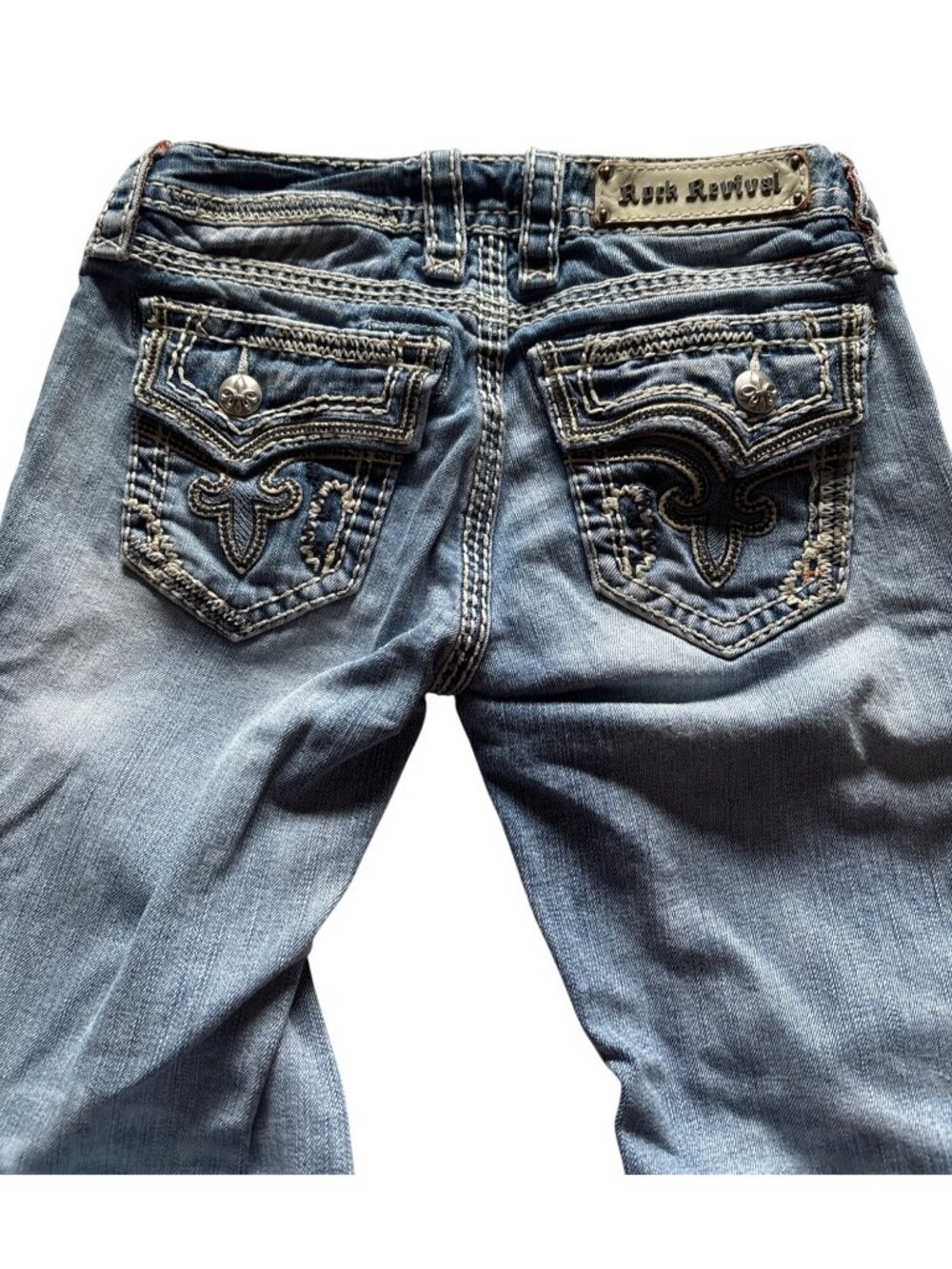 Rock Revival Distressed Bootcut Jeans Embroidered Flap Pockets Womens Size 27